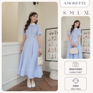 Váy/ đầm nữ dáng xoè dài kẻ sọc phối cổ sơ mi trắng đính ngọc (Belle Dress)