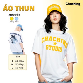 Áo Thun Unisex In Hoạ Tiết Cây Dừa Thêu Nổi Logo ChaChing, Áo Phông Nam Nữ Form Oversize Chât Thun Cotton Mềm Mại