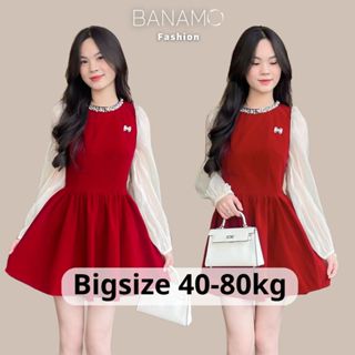 Váy nhung nữ Banamo Fashion váy nhung dáng xoè tiểu thư phối tay tơ cổ đính đá ngực gắn nơ siêu xinh 5010