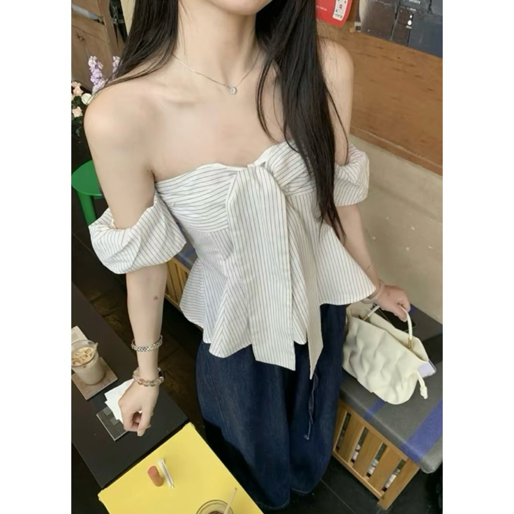 [Chỉ Áo] Áo Kiểu Pelum Trễ Vai Tay Phồng Thắt Nơ Hoạ Tiết Sọc Vintage | BigBuy360 - bigbuy360.vn