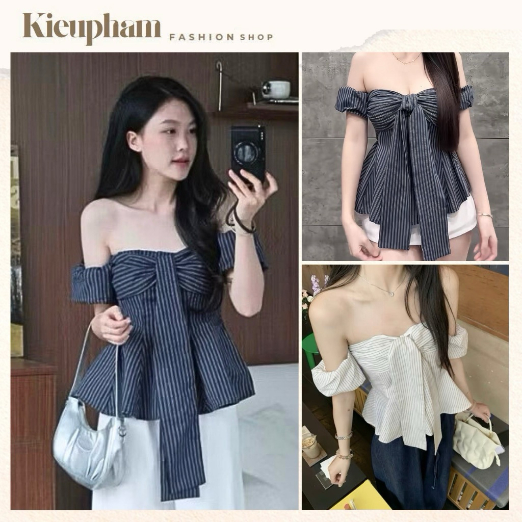 [Chỉ Áo] Áo Kiểu Pelum Trễ Vai Tay Phồng Thắt Nơ Hoạ Tiết Sọc Vintage