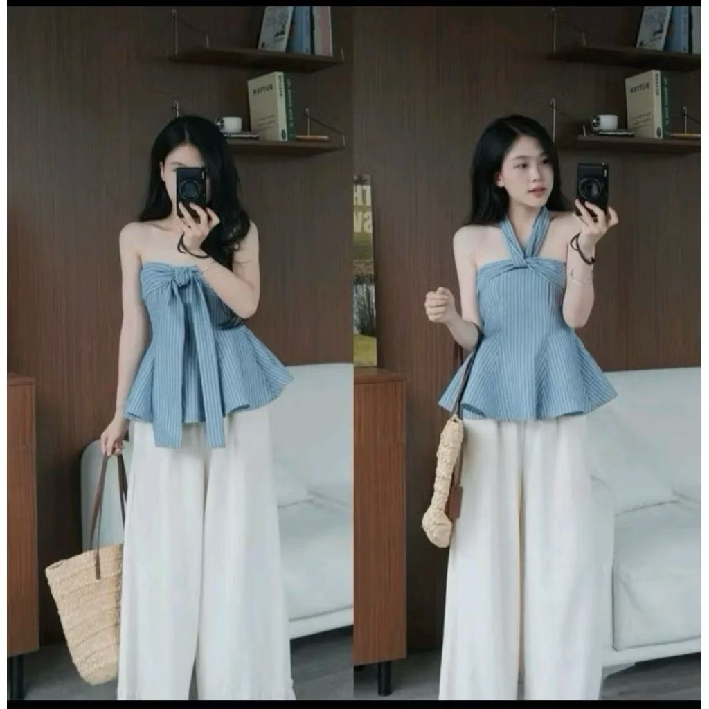 [Chỉ Áo] Áo Kiểu Pelum Trễ Vai Tay Phồng Thắt Nơ Hoạ Tiết Sọc Vintage | BigBuy360 - bigbuy360.vn