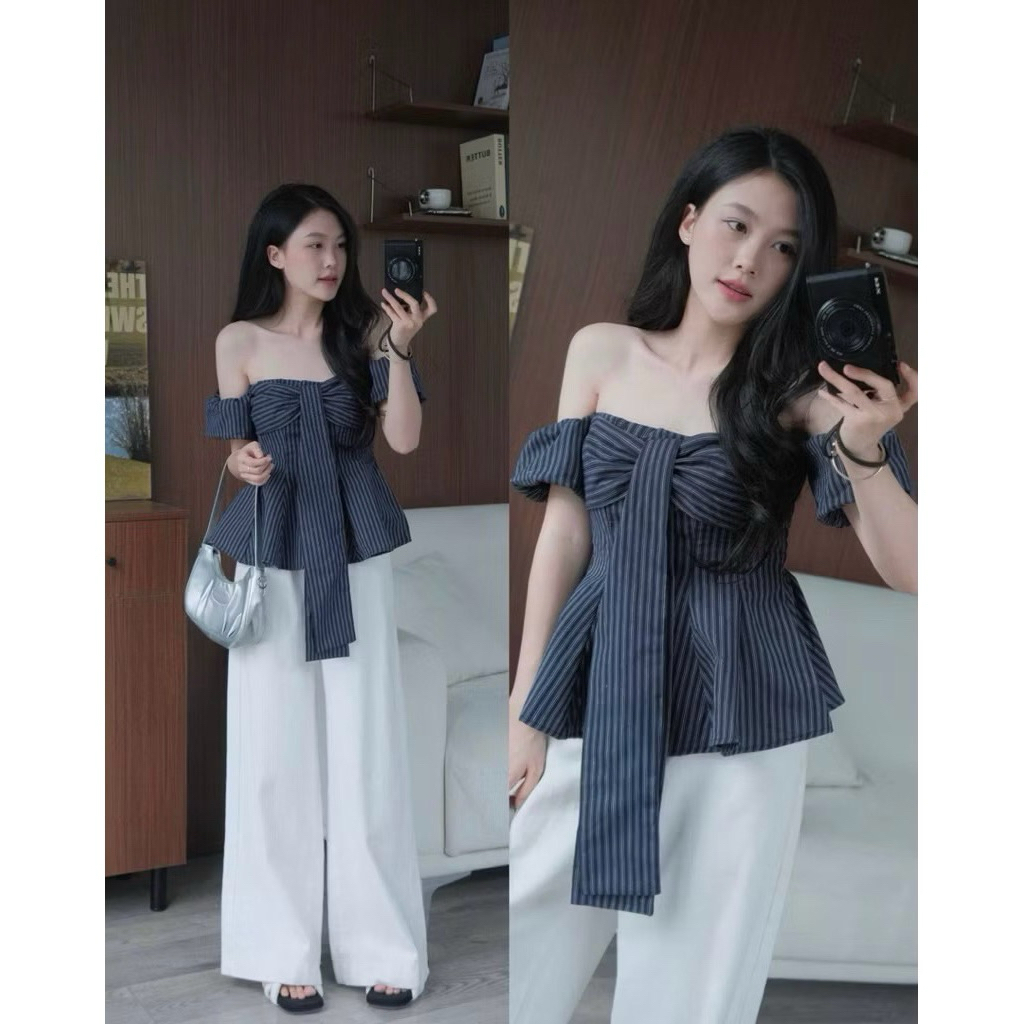 [Chỉ Áo] Áo Kiểu Pelum Trễ Vai Tay Phồng Thắt Nơ Hoạ Tiết Sọc Vintage | BigBuy360 - bigbuy360.vn