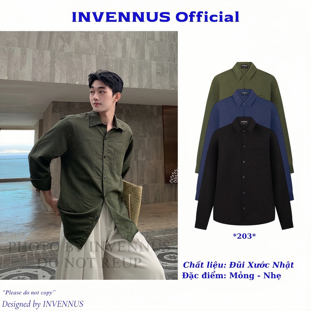 Áo sơ mi đũi nam INVENNUS form rộng cổ bẻ dài tay chất vải thoải mái thấm hút tốt 203