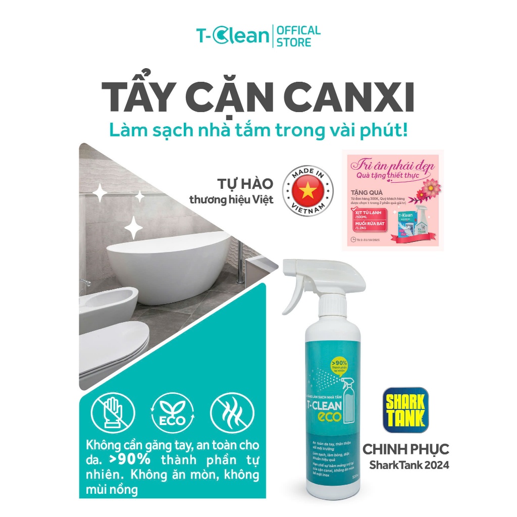 T-Clean Xịt Tẩy Đa Năng Bồn Cầu Sen Vòi Chậu Rửa Gương Kính – 90% Tự Nhiên, Không Hại Da Tay