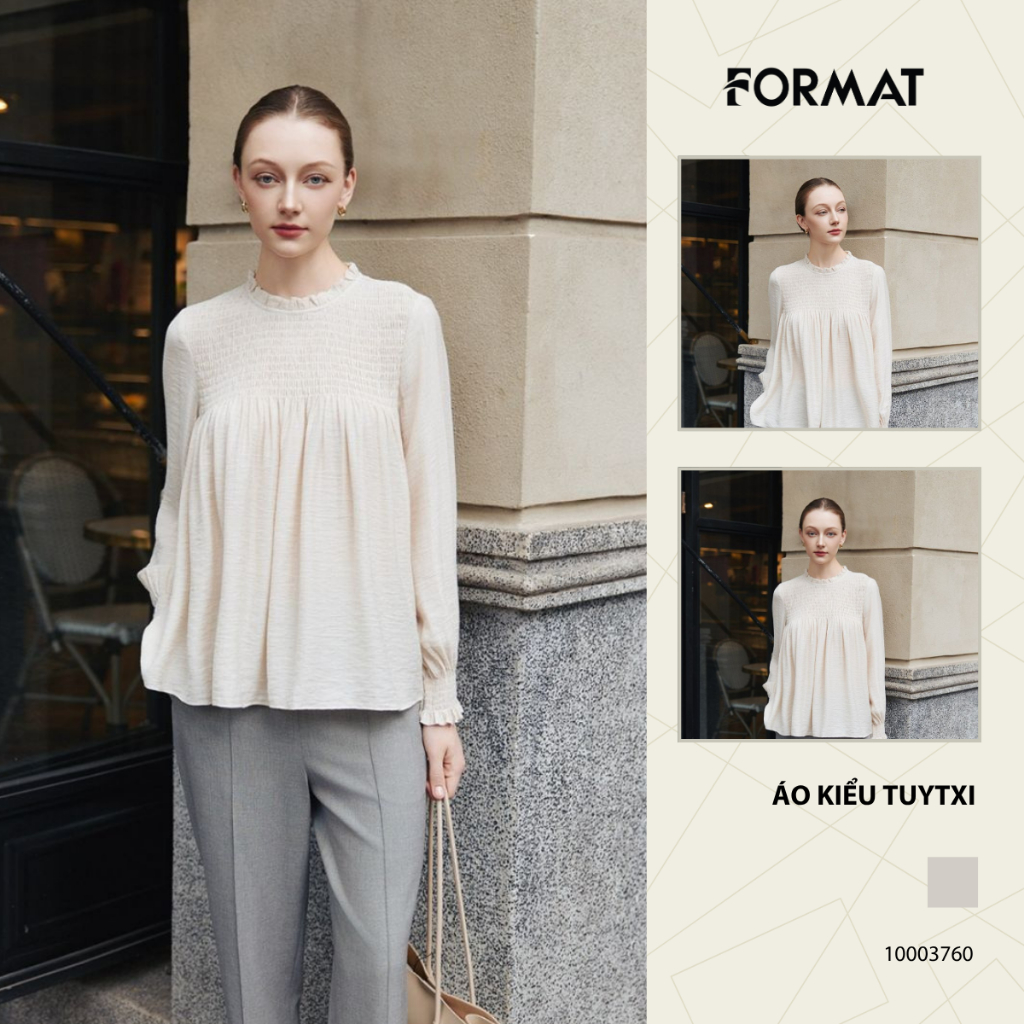 Áo kiểu Format nữ 10003760 1 lớp dáng suông, tay dài chun, cổ tròn kiểu, cài cúc cổ sau