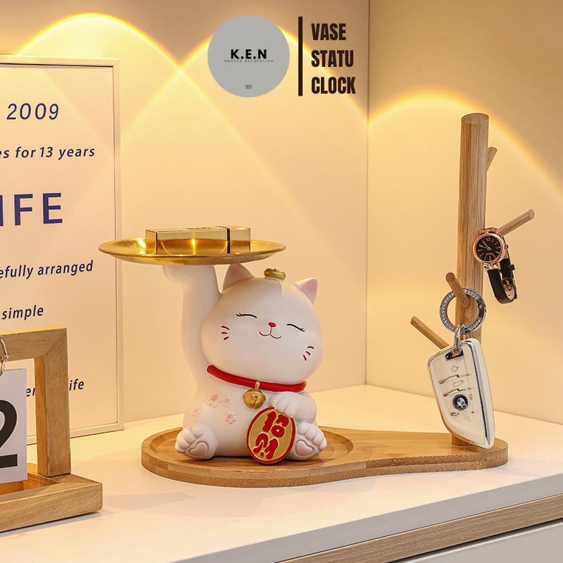 Khay đựng chìa khoá mèo thần tài, đồ đựng chìa khóa dễ thương, tài lộc, đá composite KENDECOR