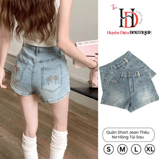 Quần short jean nữ thêu nơ hồng túi sau mẫu Hot 2024 , quần bò đùi nữ lưng cao ôm eo tôn dáng - Huyền Diệu Boutique