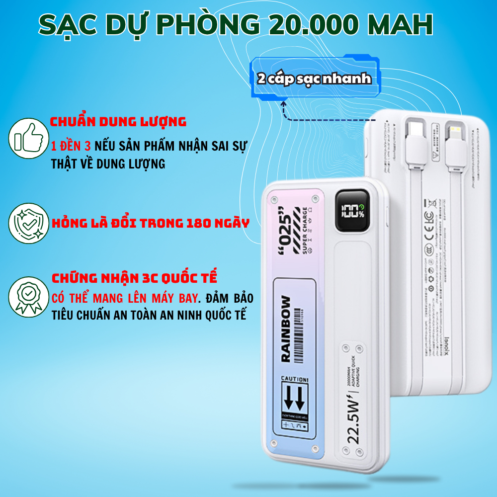 【CHUẨN DUNG LƯỢNG】Sạc dự phòng nhanh pd22.5w 20.000mah Tích hợp 2 dây sạc - màn hình led thể hiện thông số pin