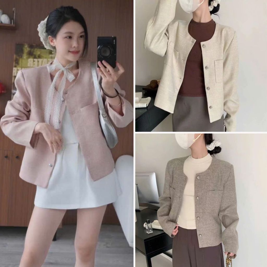 Áo Dạ Tweed Cổ Tròn Túi Vuông Phối Cúc Bạc Có Đệm Vai, Labibi