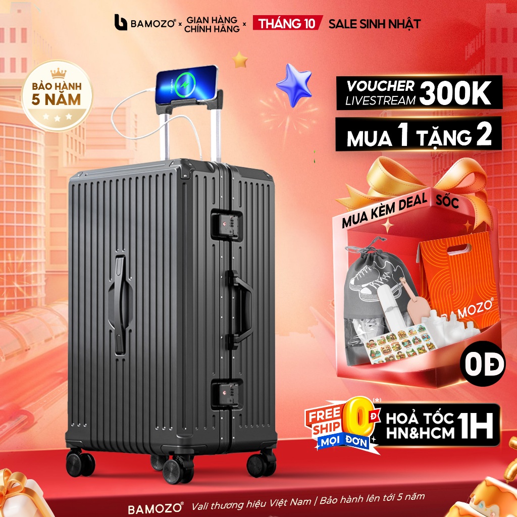 Vali Khung Nhôm Khóa Sập Bamozo Size 22/24/28 Inch, Tăng Sức Chứa Hành Lý- Bảo Hành 10 Năm_ULTRAPACK
