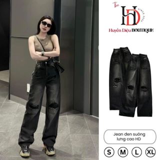 uần Jean Nữ Ống Suông Đen Wash Ánh Bạc Rách Gối Cạp Cao Dài 103cm Mẫu Mới 2025 – Huyền Diệu Boutique
