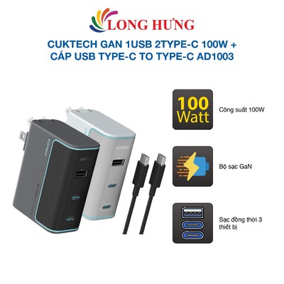 Combo cốc sạc Cuktech GaN 1USB 2Type-C 100W + Cáp USB Type-C to Type-C AD1003 - Hàng chính hãng