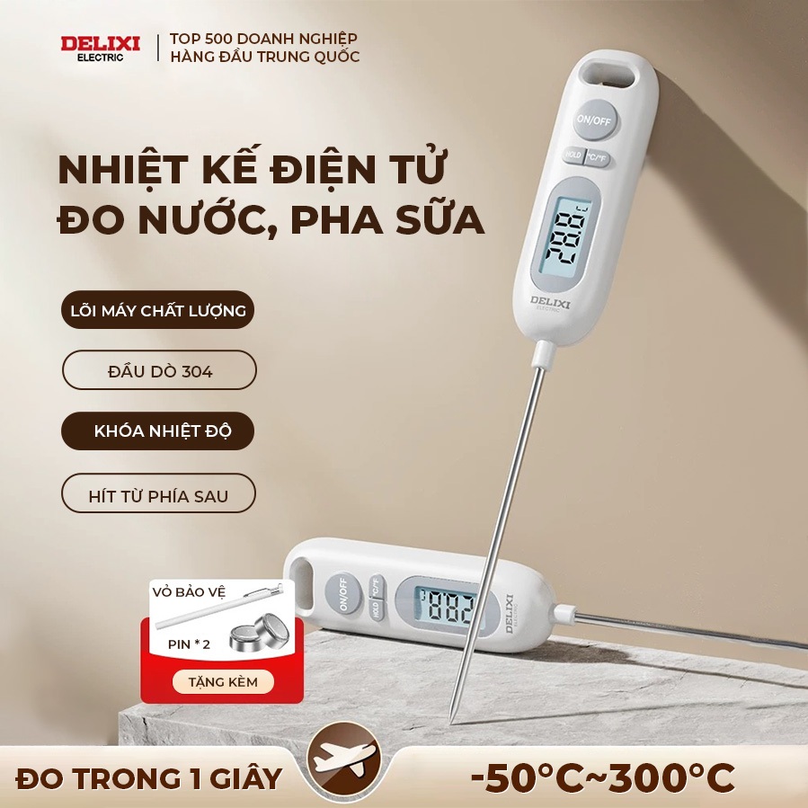 Nhiệt Kế Điện Tử Đa Năng DELIXI  Đo Nước Pha Sữa Cho Bé, Nước Tắm Chính Hãng