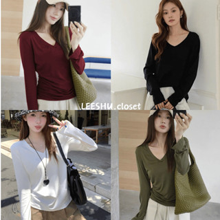  Áo thun tay dài cổ tim vải thun lạnh có Bigsize giữ nhiệt thu đông co giãn mềm mại form rộng vừa không ôm body Leeshu 