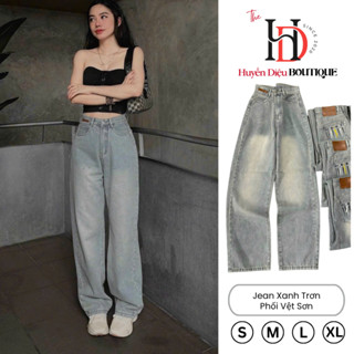 Quần jean nữ ống rộng mẫu trơn thêu túi sau phối vệt sơn , quần bò nữ ống suông lưng cao ôm eo