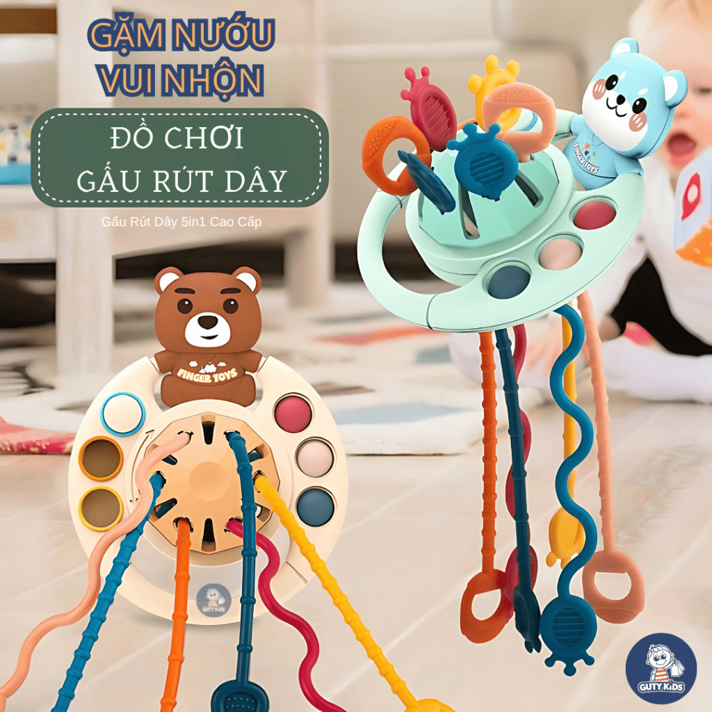 Đồ Chơi Dây Rút Gặm Nướu 5in1 GutyKids Montessori Chất Liệu Cao Cấp, Có Nhạc Vui Nhộn, Hình Dáng Đáng Yêu An Toàn Cho Bé