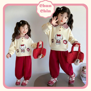  S268 Chun Chin | Set Nỉ Áo Kem Cổ Tròn Caro Đỏ Hello Kitty Quần Đỏ Cho Bé Gái 9-21kg 