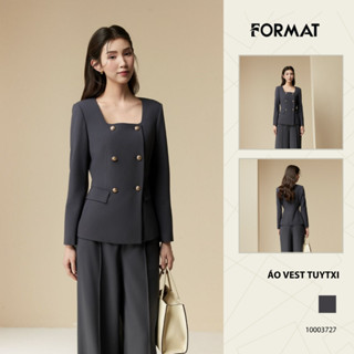  Áo Vest  Format nữ 10003727 2 lớp dáng ôm tay dài cổ vuông cúc đính tay túi cơi có nắp 