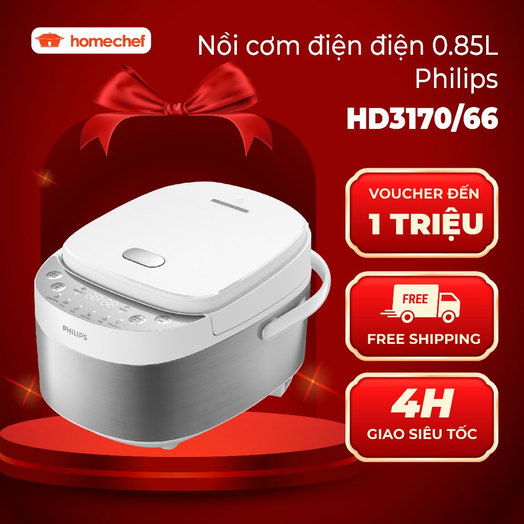 Nồi Cơm Điện mini Philips HD3170, dung tích 0.85L, công suất 600W, bảo hành 2 năm | Hàng chính hãng