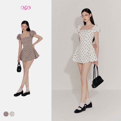 Đầm OLV chấm bi dáng ngắn tay bồng cổ vuông Ilse nhiều màu phù hợp đi chơi đi cà phê