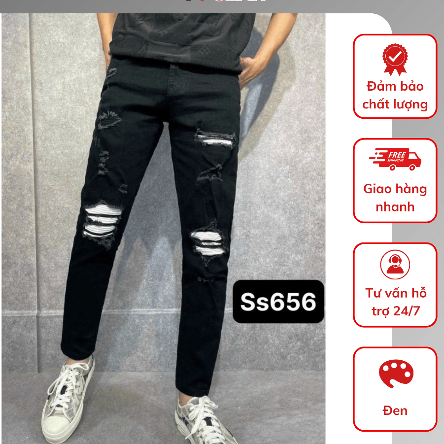 Quần Jean Nam AMI Màu Đen Vá Da Trắng, Quần Bò Nam Co Giãn Thời Trang