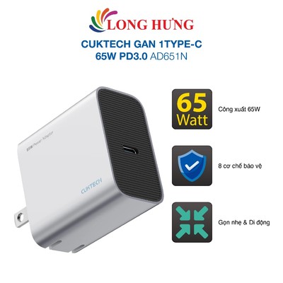Cốc sạc Cuktech GaN 1Type-C 65W PD3.0 AD651N - Hàng chính hãng