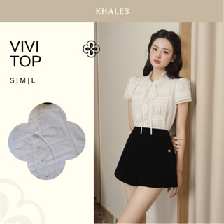 [KHALES] Áo sơ mi nữ kiểu ngắn tay VIVI TOP áo sơ mi ngắn tay phối cổ ren nhún bèo tinh tế