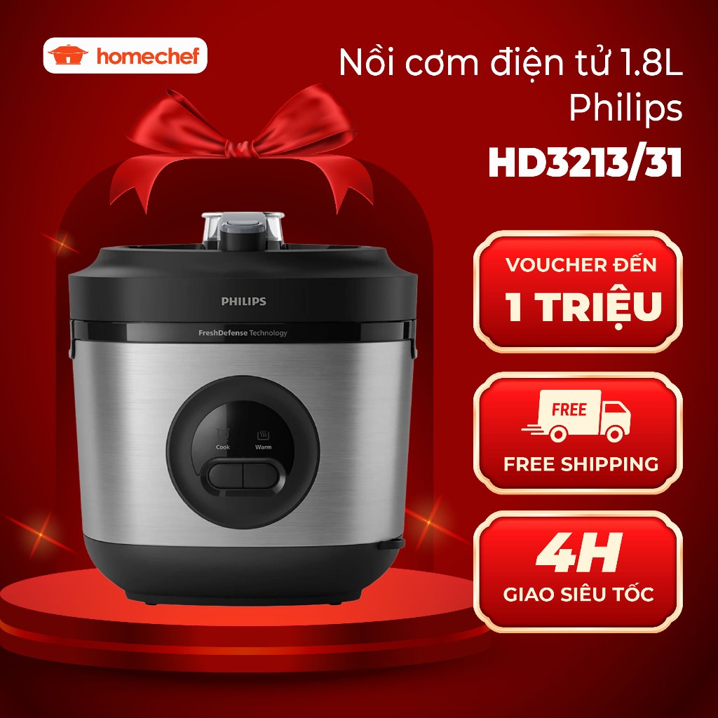 Nồi cơm điện Philips 1.8L HD3213, công suất 600W, lòng nồi 5 lớp, giữ nhiệt đến 48h, bảo hành 2 năm