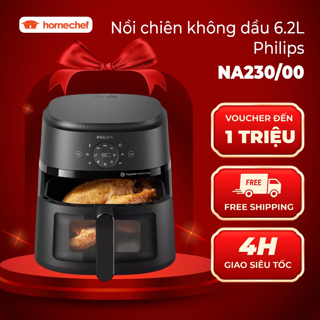 [HÀNG CHÍNH HÃNG] Nồi Chiên Không Dầu Điện Tử Philips NA230/00 6.2 lít |1700W | Cửa Sổ Kính