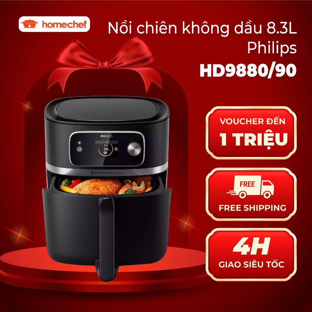 Nồi chiên không dầu điện tử Philips HD9880, dung tích 8.3L, công suất 2000W, bảo hành 2 năm