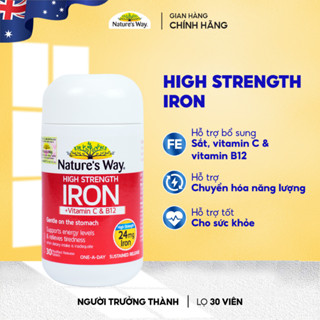 Viên Uống Nature’s Way High Strength Iron + Vitamin C B12 Bổ Sung Sắt Hữu Cơ Cho Người Lớn Hàm Lượng Cao 24mg 30 Viên