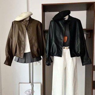  Áo khoác da nữ Bonyoung áo khoác bomber form boxy cổ bẻ eo bo chun tôn dáng - 502_P9K6 