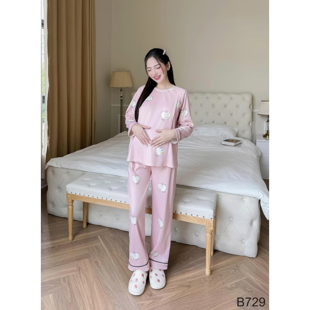 : Bộ bầu mặc nhà Cotton Đồ bầu sau sinh Mùa Thu Đông Vạch ngực cho con bú và Quần có chun chỉnh bụng