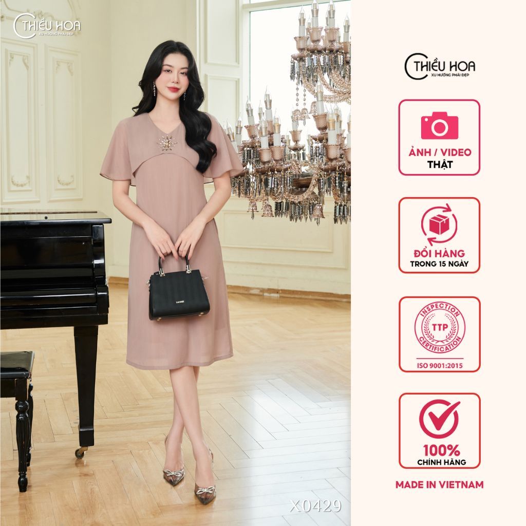 Đầm trung niên thiết kế sang trọng, chất liệu tơ gân ánh nhũ cao cấp thương hiệu Thiều Hoa DD5X0429