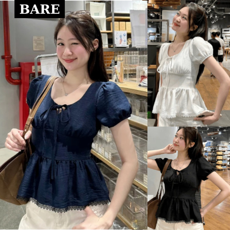 𝐁𝐀𝐑𝐄_Áo Kiểu Nơ Buộc Bo Eo Tay Bồng Pha Ren, Áo Babydoll Trễ Vai Thời Trang Nữ Có Bigsize_A745