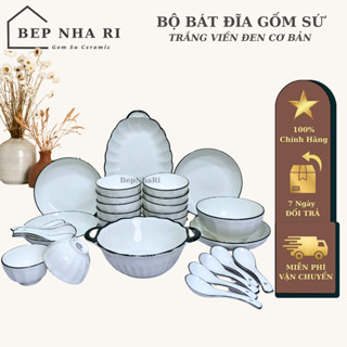 [ BepNhaRi ] Bộ Bát đĩa màu trắng viền đen Sọc Mới - Gốm sứ CERAMIC - Decor trang trí nhà cửa