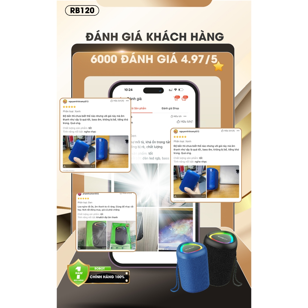 Loa Bluetooth Mini ROBOT RB120 Công Suất 5W Đèn Led RGB Hỗ Trợ Kết Nối Thẻ Nhớ, AUX Chính Hãng | BigBuy360 - bigbuy360.vn