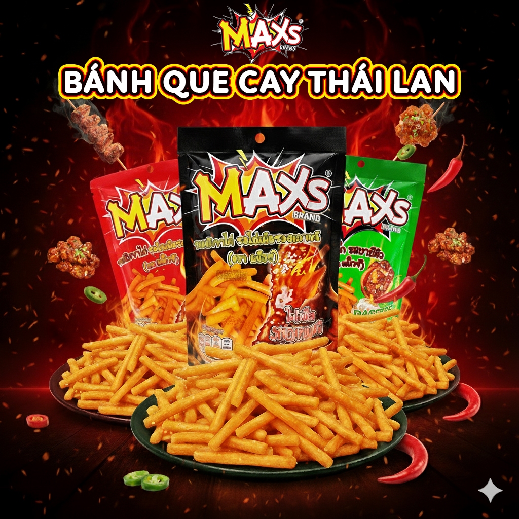 [Set 3 gói] Bim Bim Bánh Tăm Que Cay Thái Lan - MAXs (Vị Sốt Hàn Quốc, Chili Siêu Cay, Thịt Nướng)