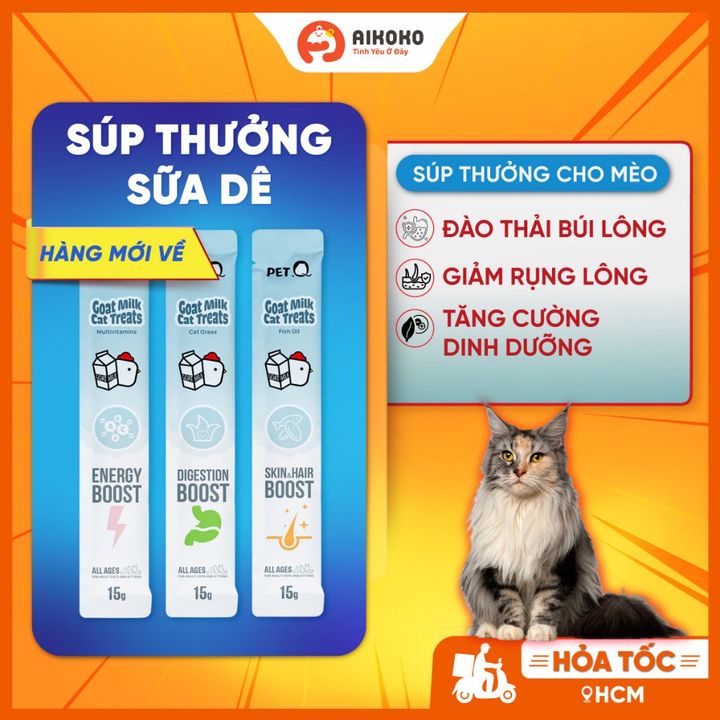 Súp Thưởng Sữa Dê PetQ 15g Cho Mèo - Bổ Sung Vitamin, Dầu Cá, Cỏ Mèo - Aikoko