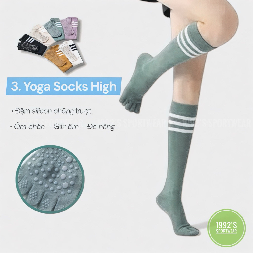 Tất Vớ Yoga Pilates Socks High – Tất Cổ Cao 3 Sọc Dày Chống Trượt Silicon Cao Cấp Cho Nữ
