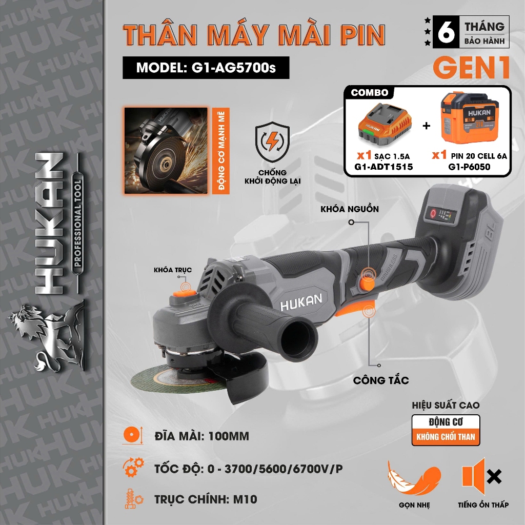 Thân Máy mài pin HUKAN G1-AG5700s, 3 Tốc độ, Công tắc bụng, Không chổi than, CHỐNG KHỞI ĐỘNG LẠI