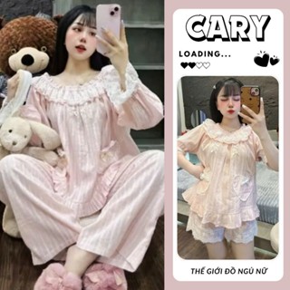 Set bộ đồ ngủ pyjama tiểu thư phối bèo viền ren túi dễ thương chất đũi gân đồ ngủ pijama mặc nhà dài tay thu đông CARY