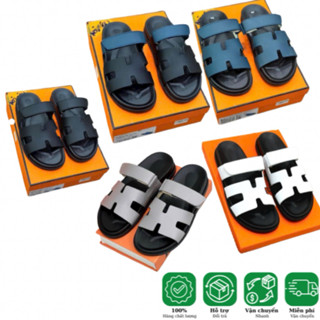 Dép lê nam hai quai ngang Hơ Mẹc da Pu trơn phối quai hình chữ H dập logo chữ viền đế cao su boy phố