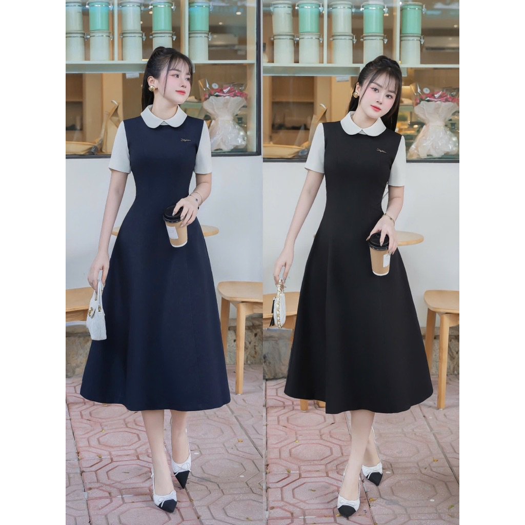 NAN Store - Váy thiết kế cổ sen phối tay sơmi thô mềm dáng dài xoè