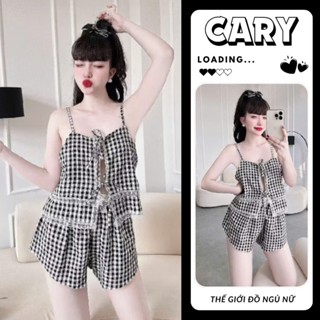Set pijama 2 dây caro xinh xắn chất đũi xốp thoáng mát, bộ đồ ngủ nữ pijama, đồ mặc nhà mùa hè dễ thương CARY