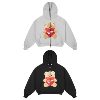  Áo Hoodie Zip Boxy WHENEVER ATELIER BEAR  Gấu  Hai Màu Đen   Xám  Tặng kèm túi vải Whenever   