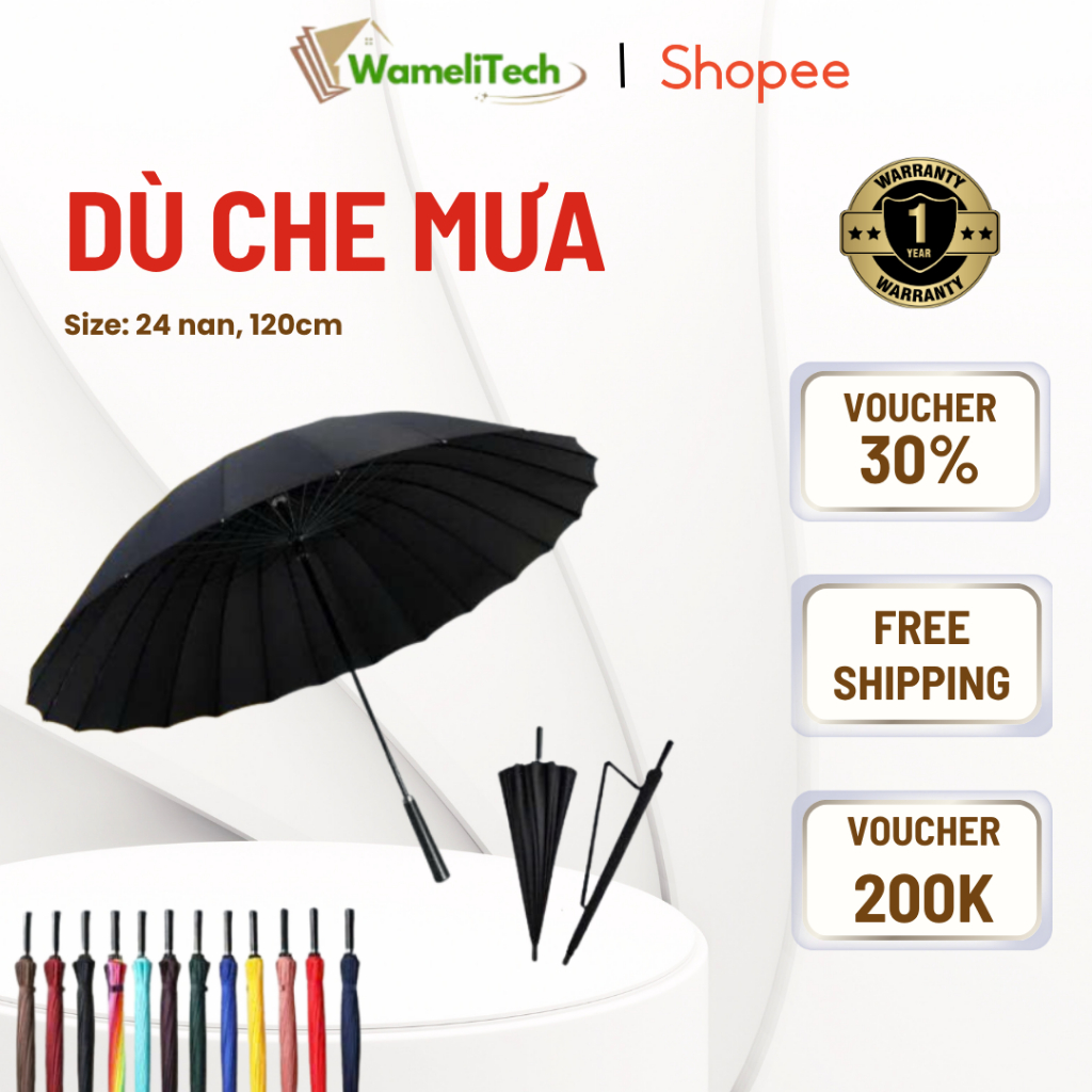 Ô dù đi nắng mưa Wameli 24 nan tay cầm chắc chắn, tán rộng chống lật chống tia UV