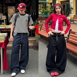  AB HOUSE - Quần jeans ống suông rộng phối nhiều nút thời trang nam nữ 