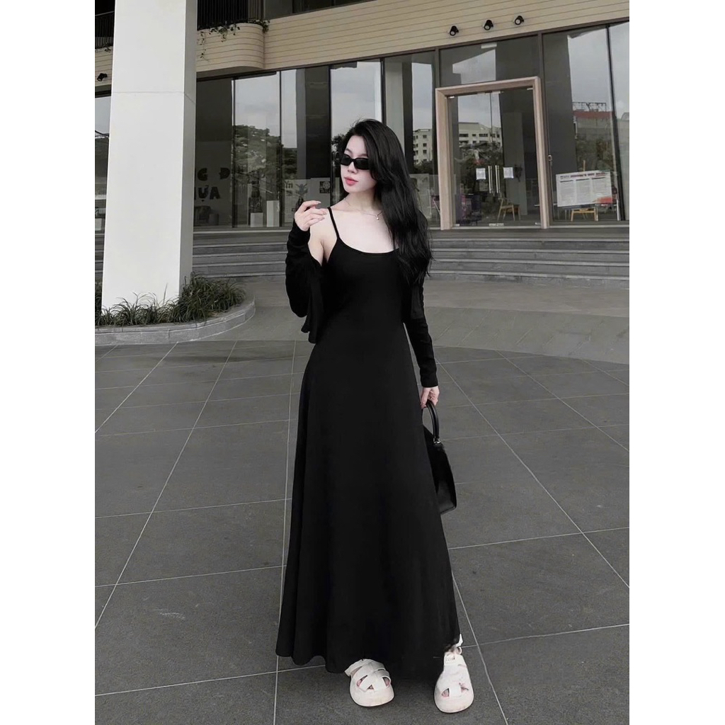 set 2 món váy 2 dây dáng dài + khoác ngoài bigsize 40-120kg (j6)